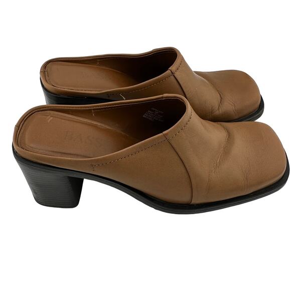 Vintage Y2K Bass Square Toe Cognac Leather Mule Block Heel 8M - Picture 3 of 6